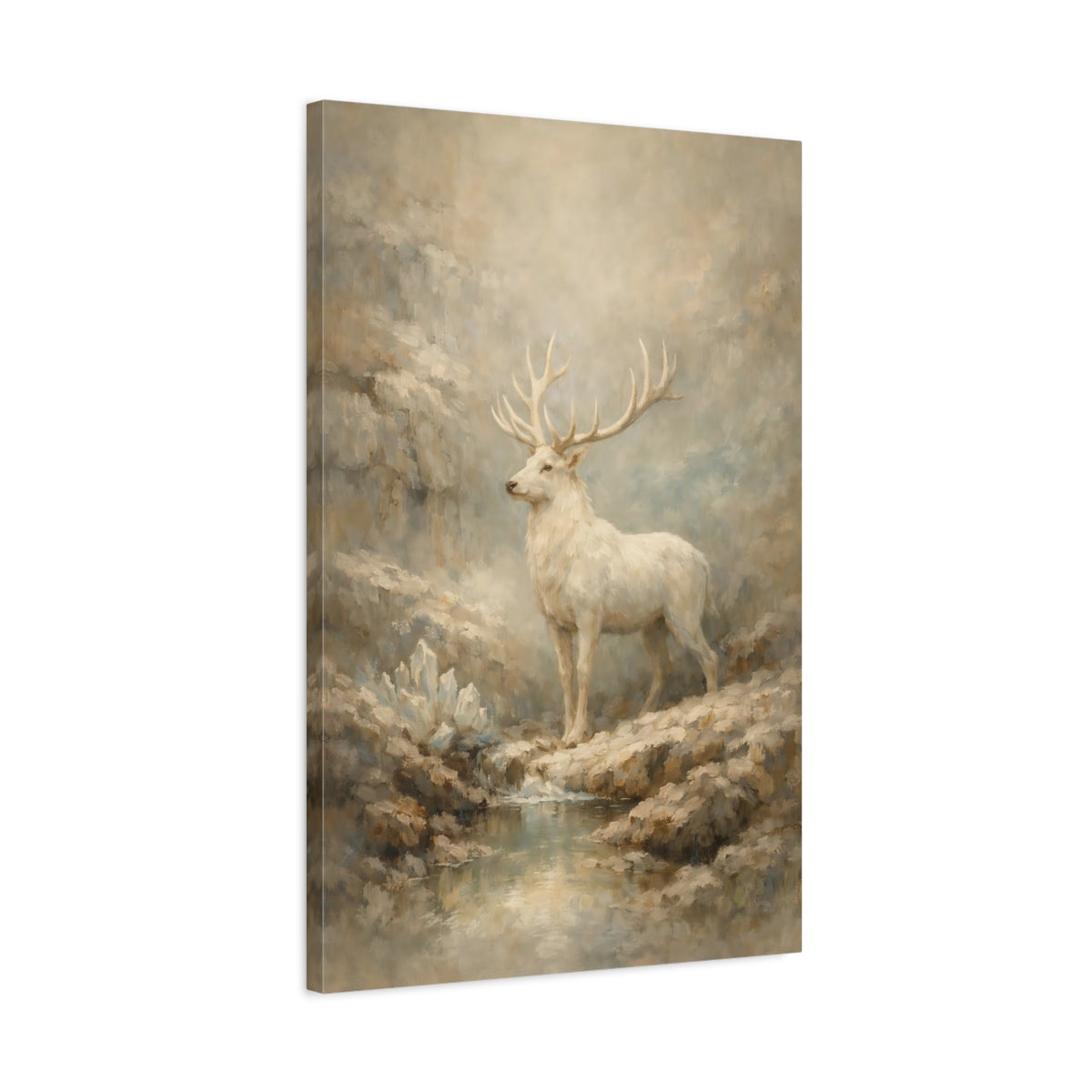 Side Mockup 2. Animals White Stag White Stag Art shown as stretched canvas wall art
