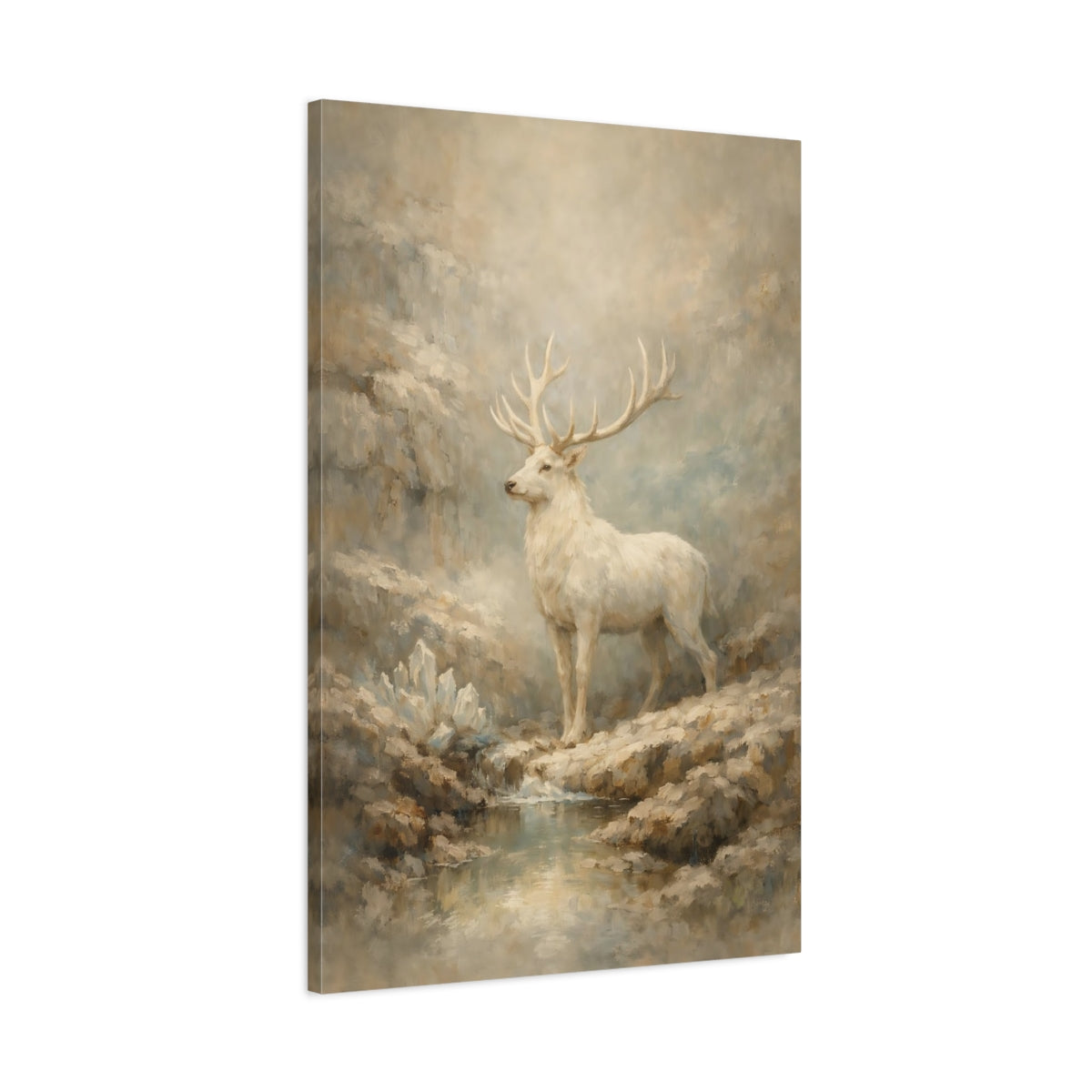 Side Mockup 1. Animals White Stag White Stag Art shown as stretched canvas wall art