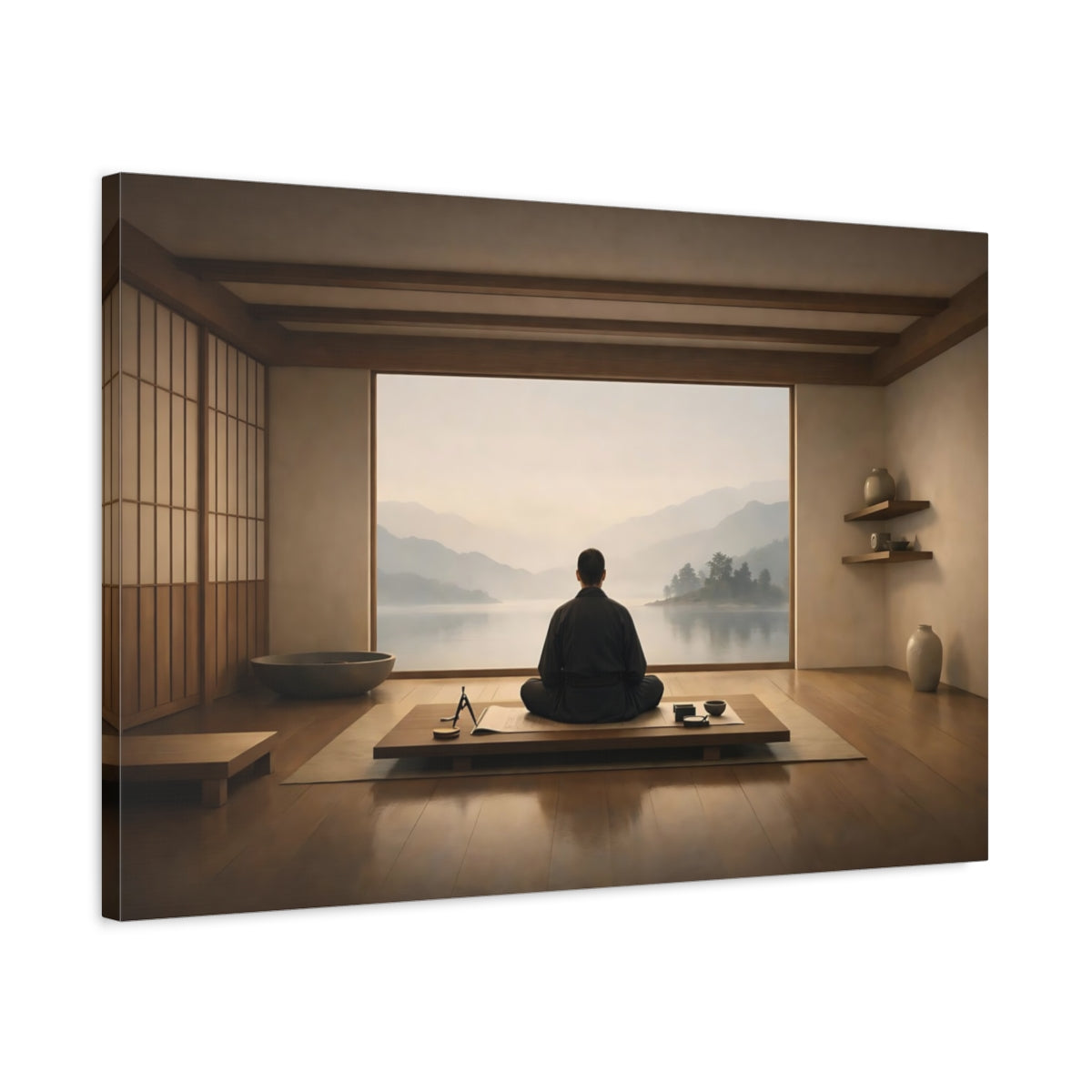 Japandi Architect Ruler Meditating Figure Religious - Canvas Wall Art Print