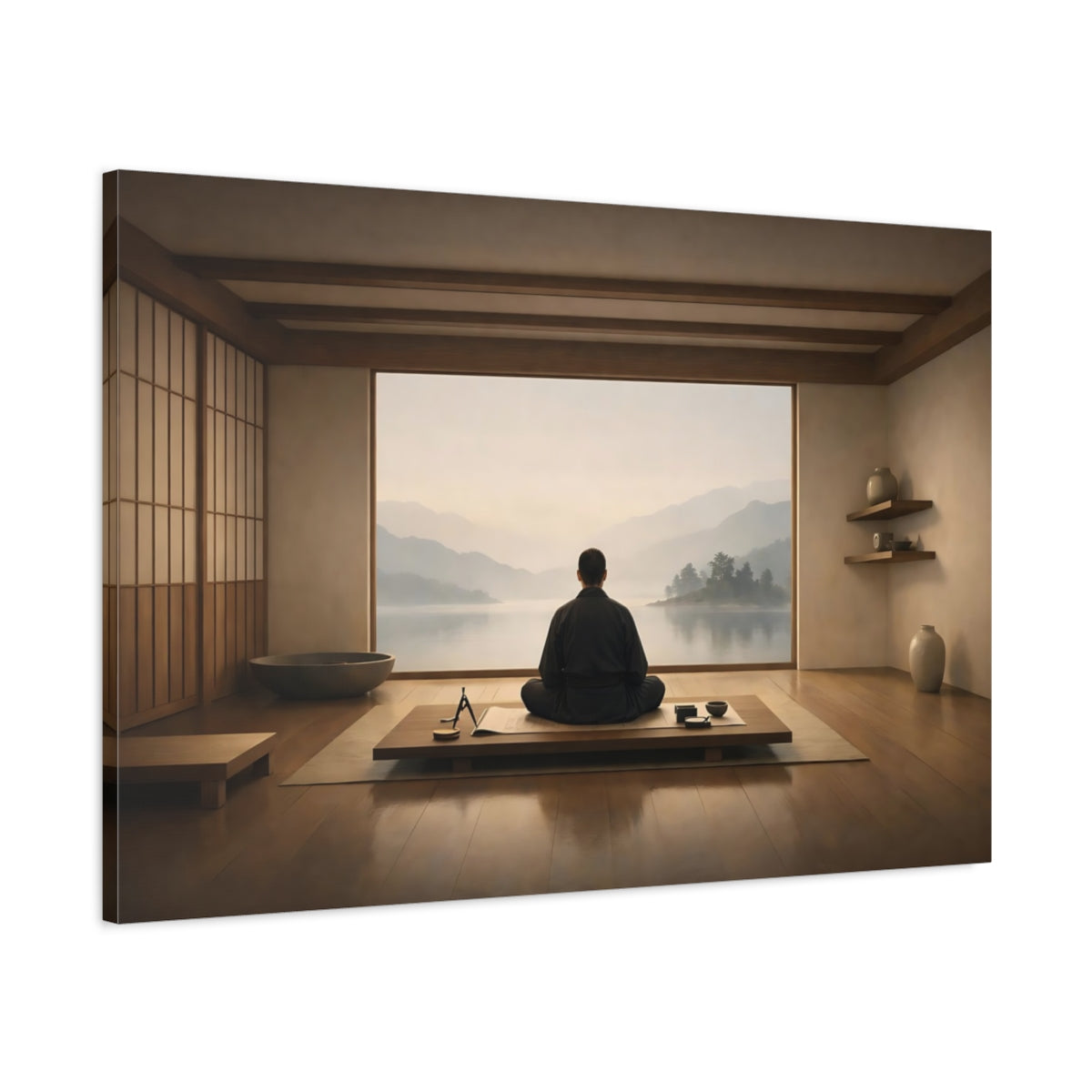 Japandi Architect Ruler Meditating Figure Religious - Canvas Wall Art Print