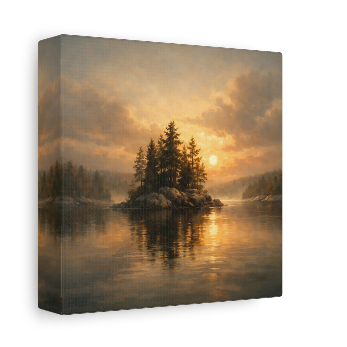 Side Mockup 1. Nature Pine Island Golden Sunset Island shown as stretched canvas wall art