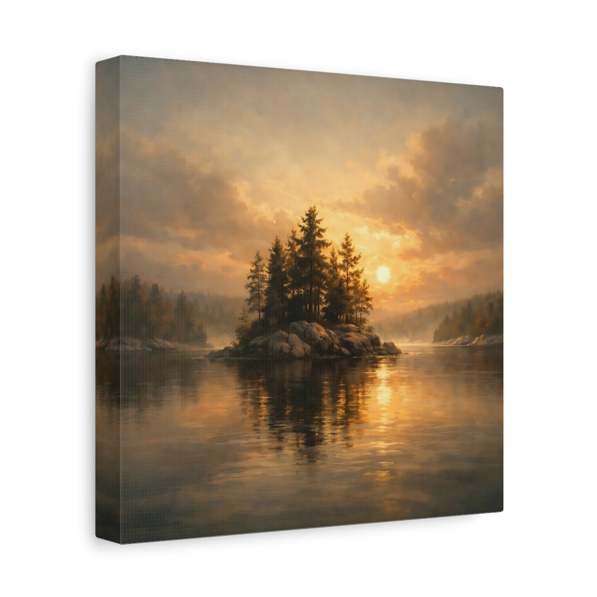 Side Mockup 9. Nature Pine Island Golden Sunset Island shown as stretched canvas wall art