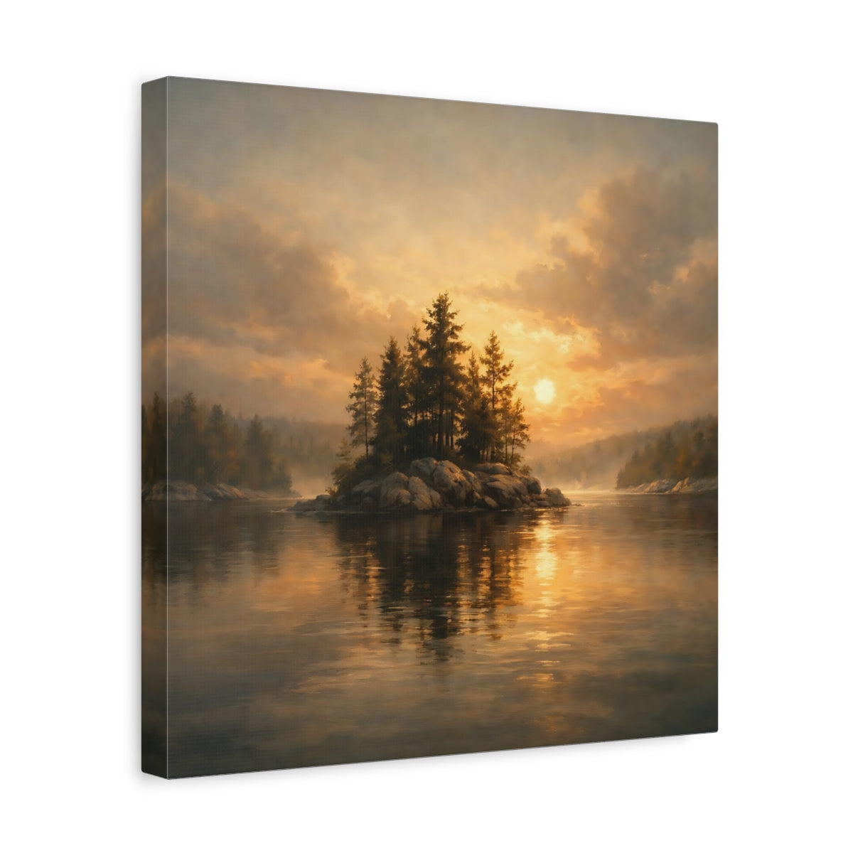 Side Mockup 7. Nature Pine Island Golden Sunset Island shown as stretched canvas wall art