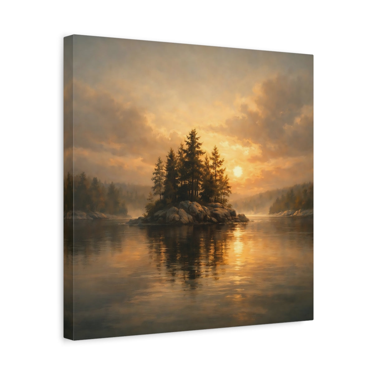 Side Mockup 6. Nature Pine Island Golden Sunset Island shown as stretched canvas wall art
