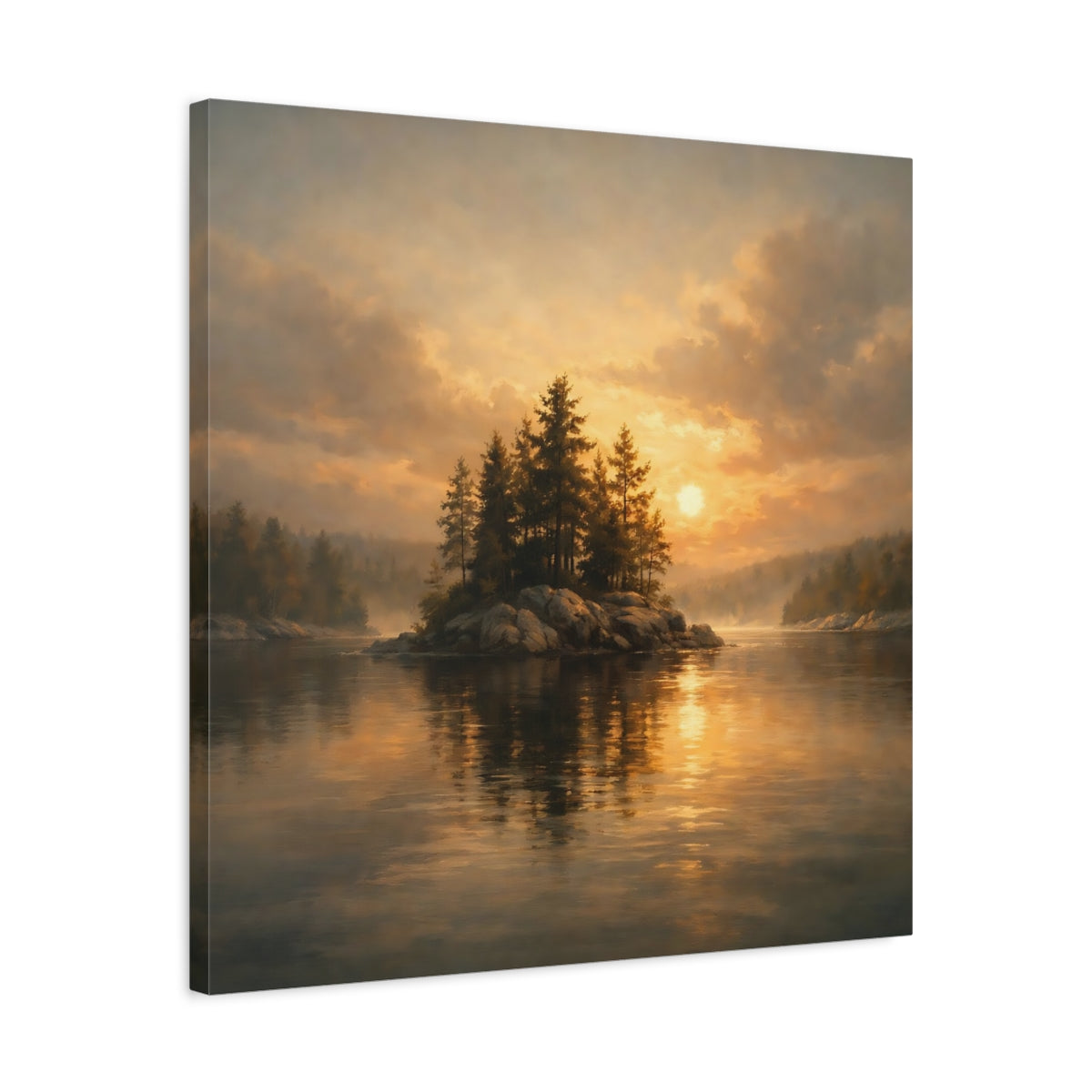 Side Mockup 4. Nature Pine Island Golden Sunset Island shown as stretched canvas wall art
