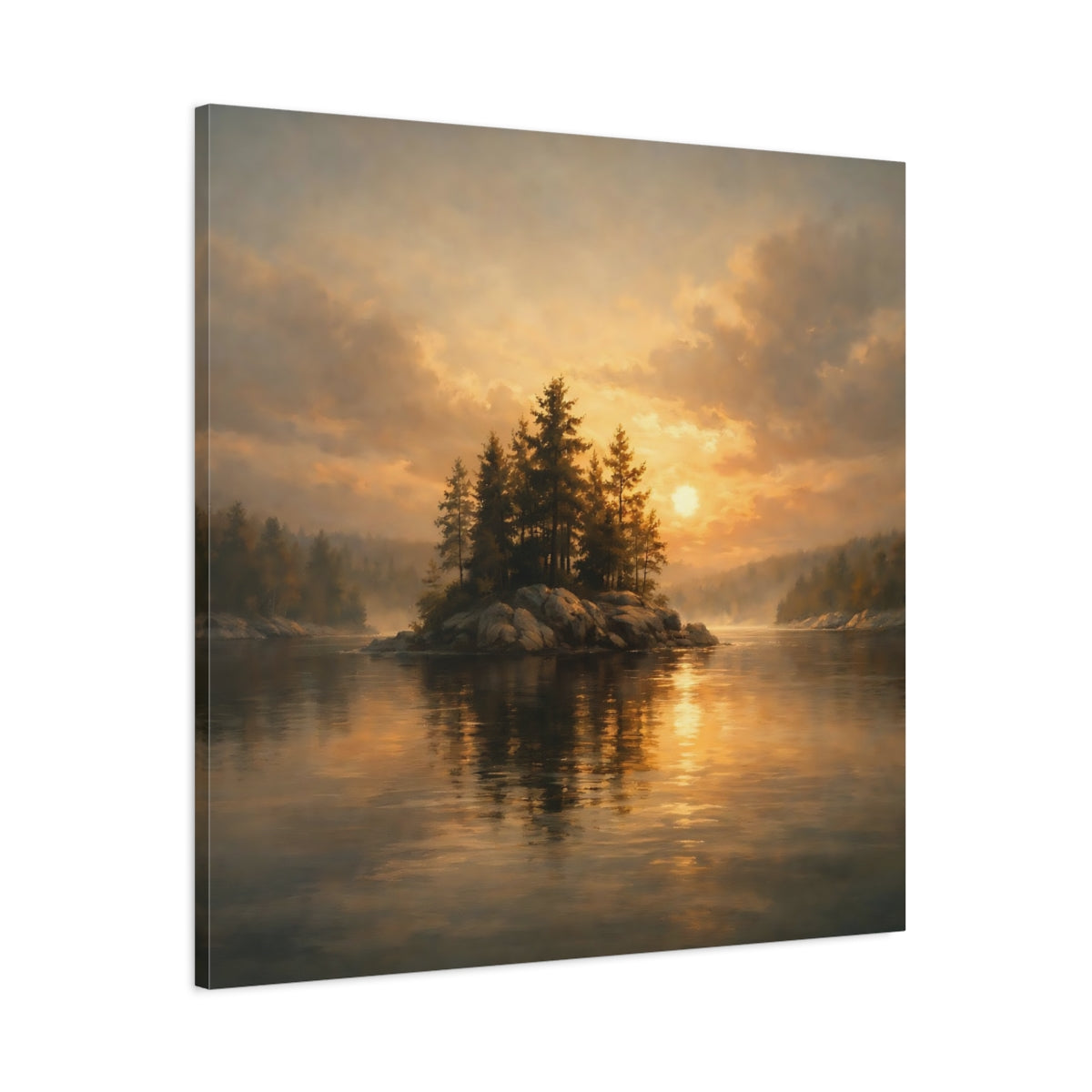 Side Mockup 2. Nature Pine Island Golden Sunset Island shown as stretched canvas wall art