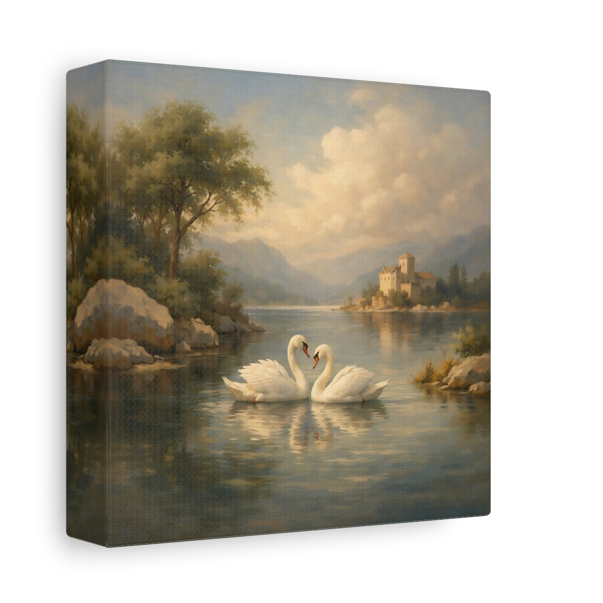 Side Mockup 1. Fairytale Swans Romantic Swans shown as stretched canvas wall art