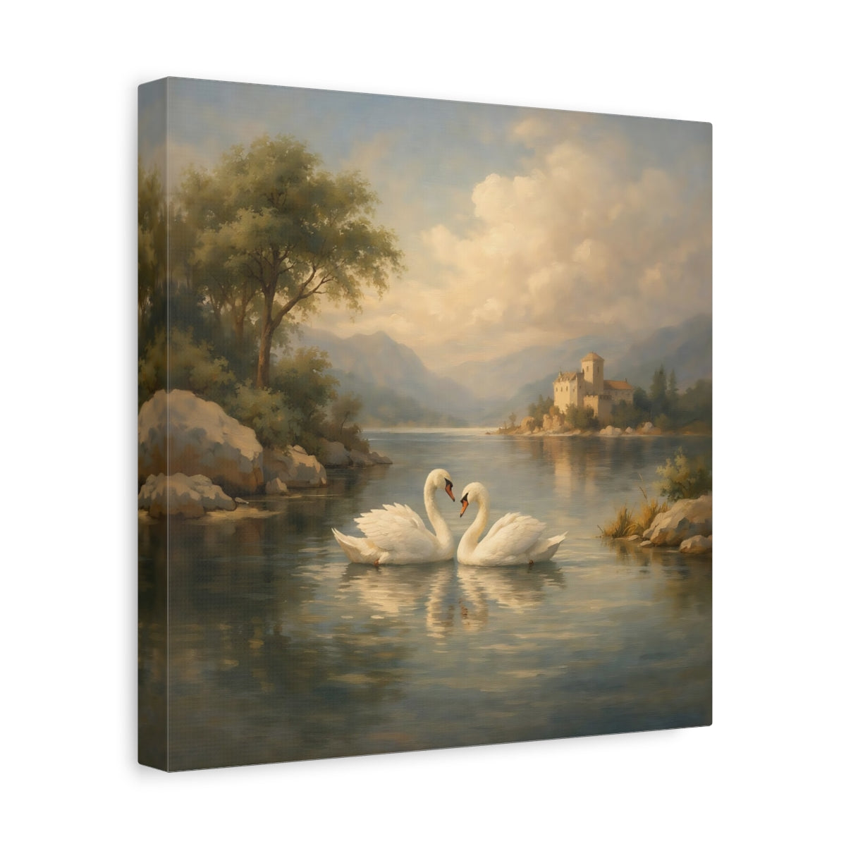 Side Mockup 8. Fairytale Swans Romantic Swans shown as stretched canvas wall art