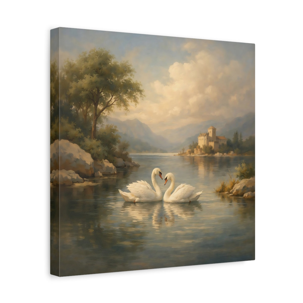 Side Mockup 7. Fairytale Swans Romantic Swans shown as stretched canvas wall art
