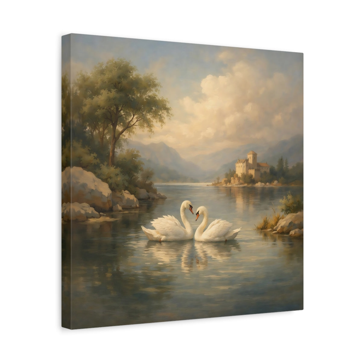 Side Mockup 6. Fairytale Swans Romantic Swans shown as stretched canvas wall art