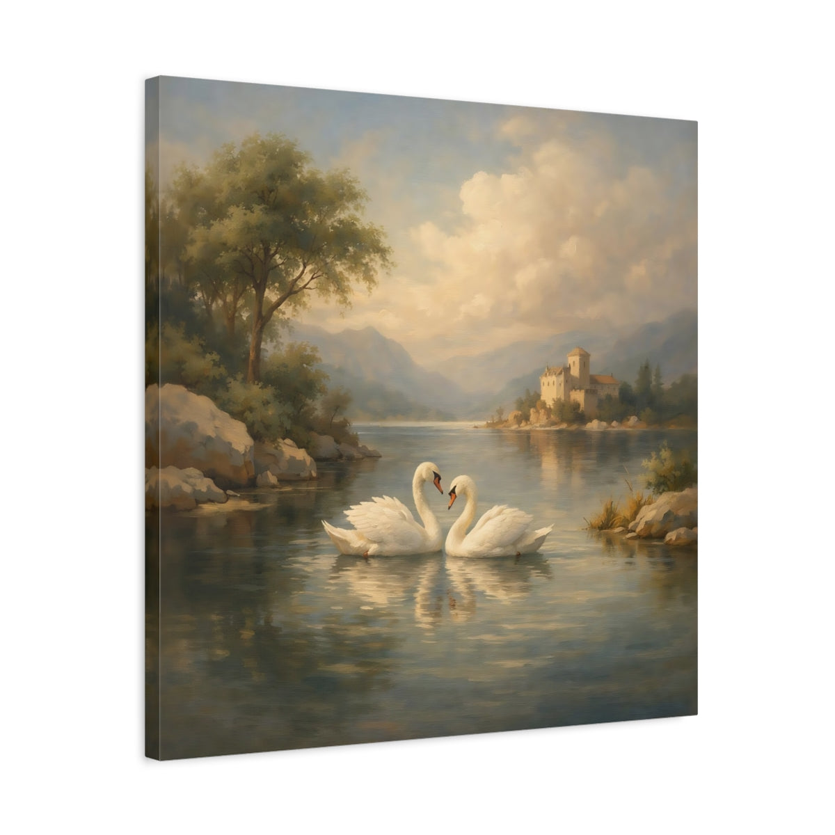 Side Mockup 4. Fairytale Swans Romantic Swans shown as stretched canvas wall art