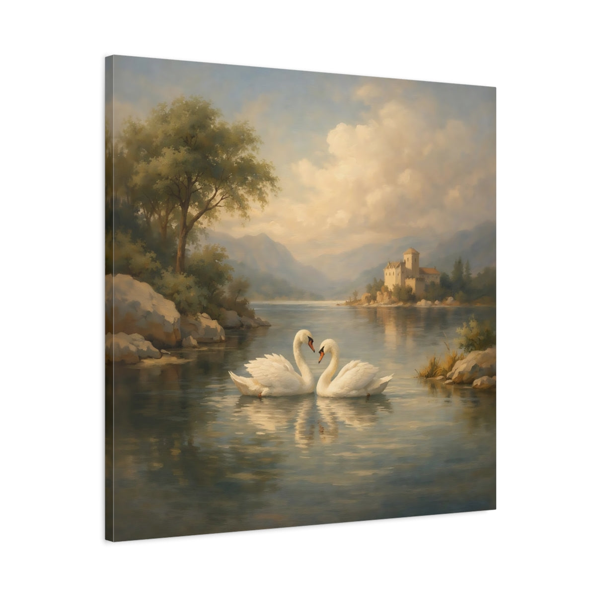 Side Mockup 3. Fairytale Swans Romantic Swans shown as stretched canvas wall art