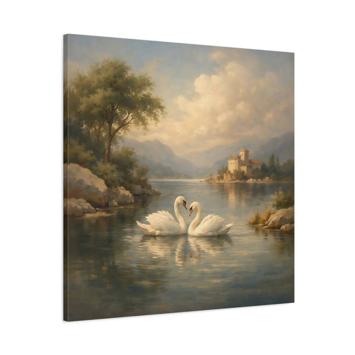 Side Mockup 2. Fairytale Swans Romantic Swans shown as stretched canvas wall art