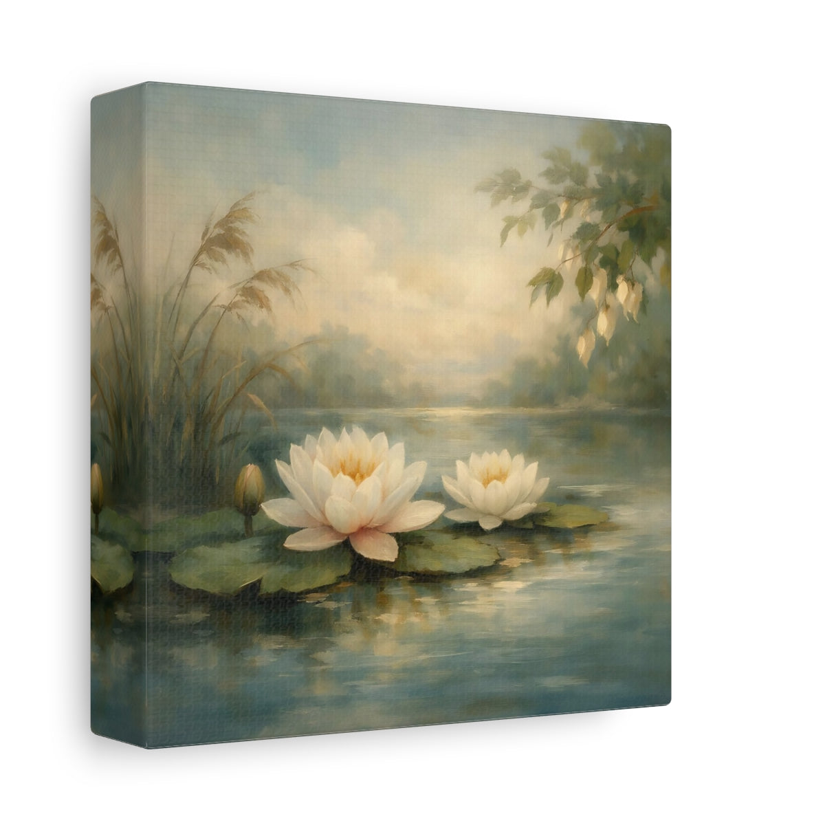 Side Mockup 1. Nature Water Lilies Water Lily Pond shown as stretched canvas wall art