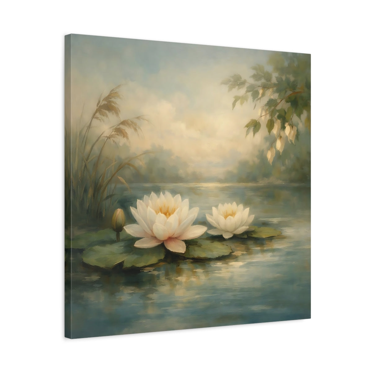 Side Mockup 4. Nature Water Lilies Water Lily Pond shown as stretched canvas wall art