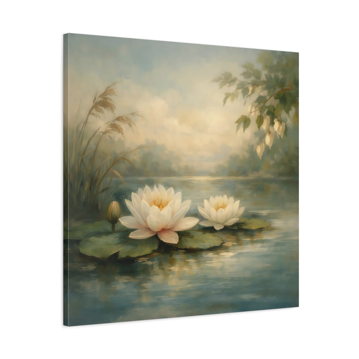 Side Mockup 3. Nature Water Lilies Water Lily Pond shown as stretched canvas wall art