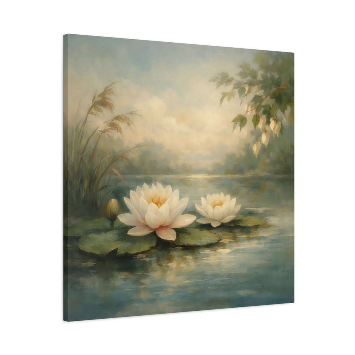 Side Mockup 2. Nature Water Lilies Water Lily Pond shown as stretched canvas wall art