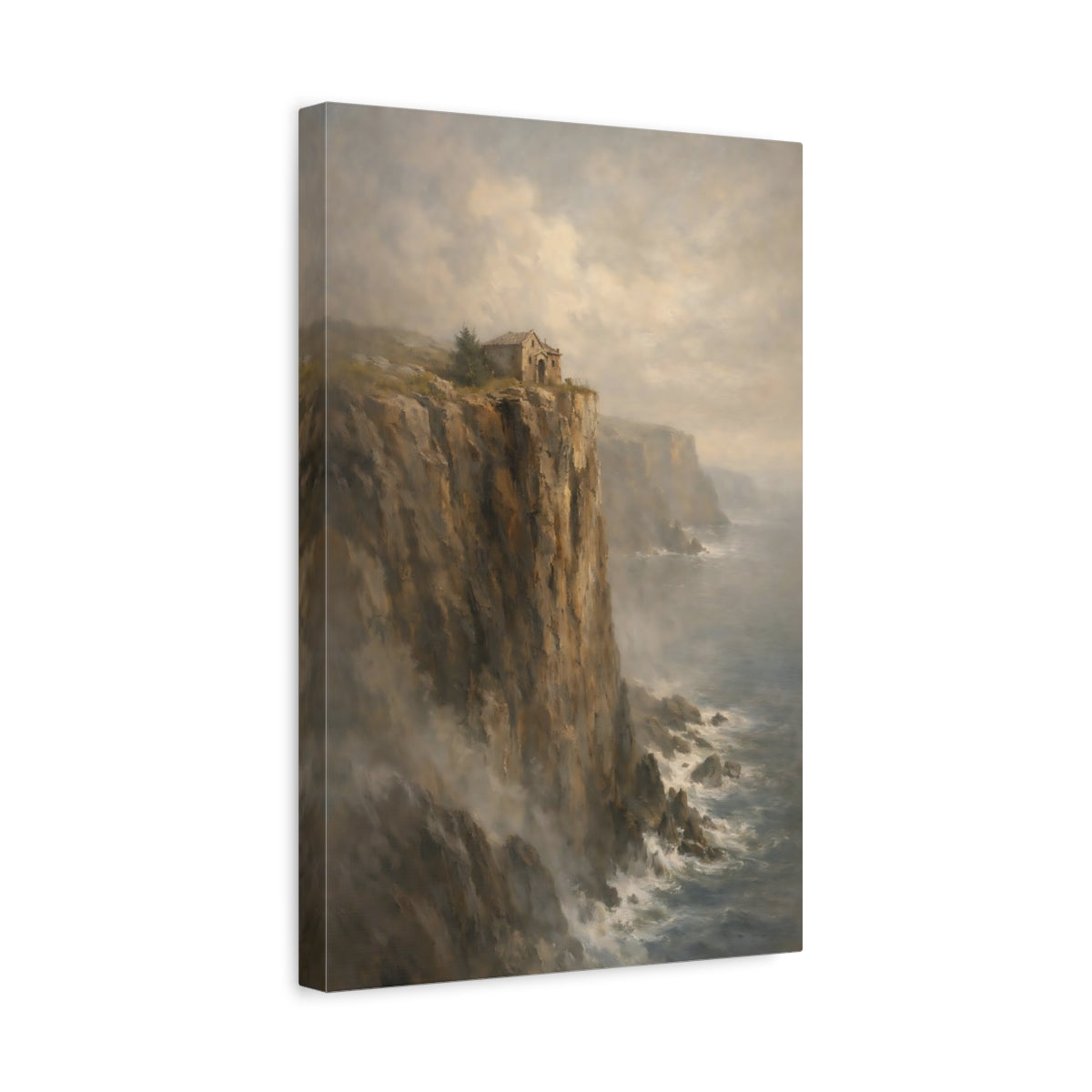 Side Mockup 4. Nature Cliffside Building Misty Ocean Cliff shown as stretched canvas wall art