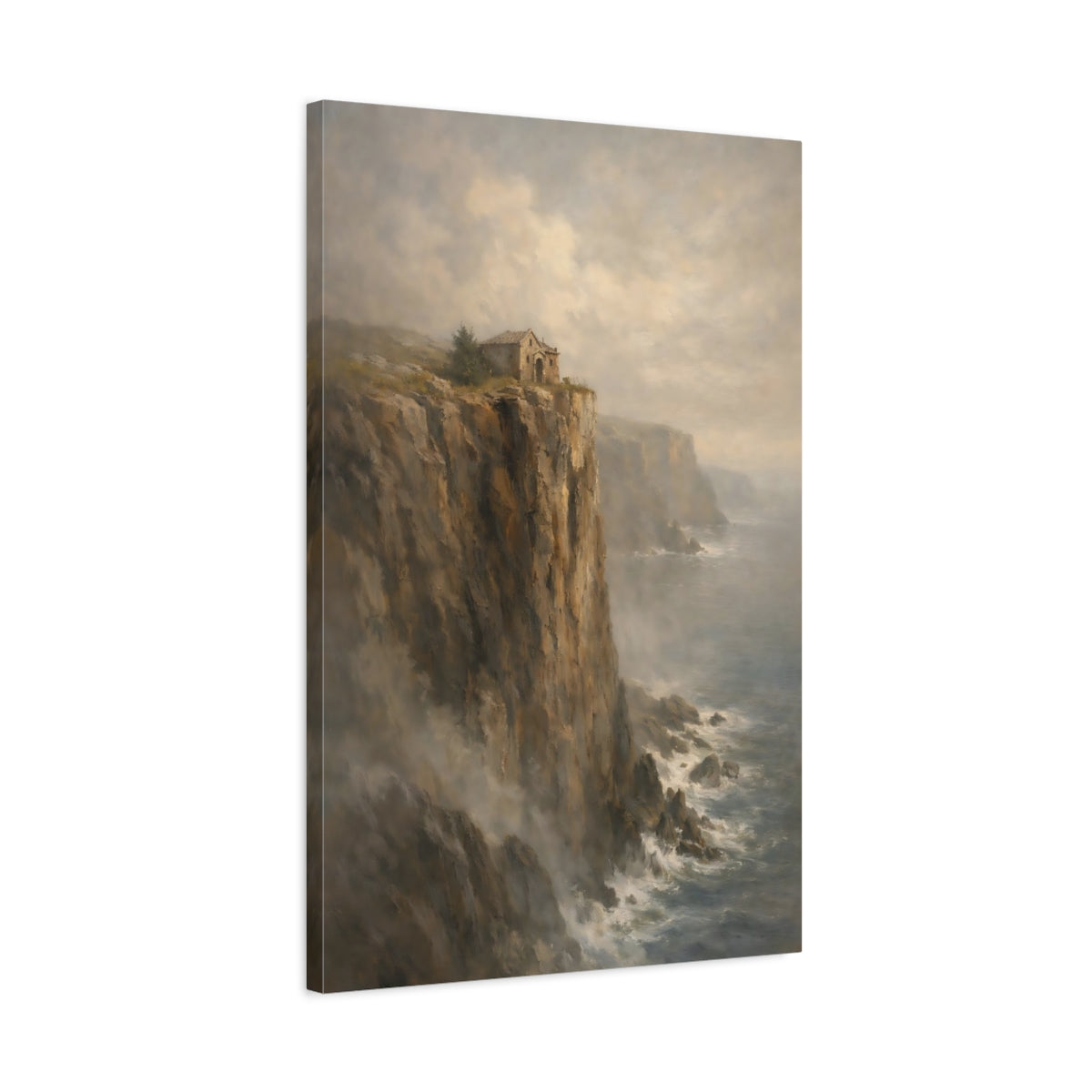 Side Mockup 2. Nature Cliffside Building Misty Ocean Cliff shown as stretched canvas wall art