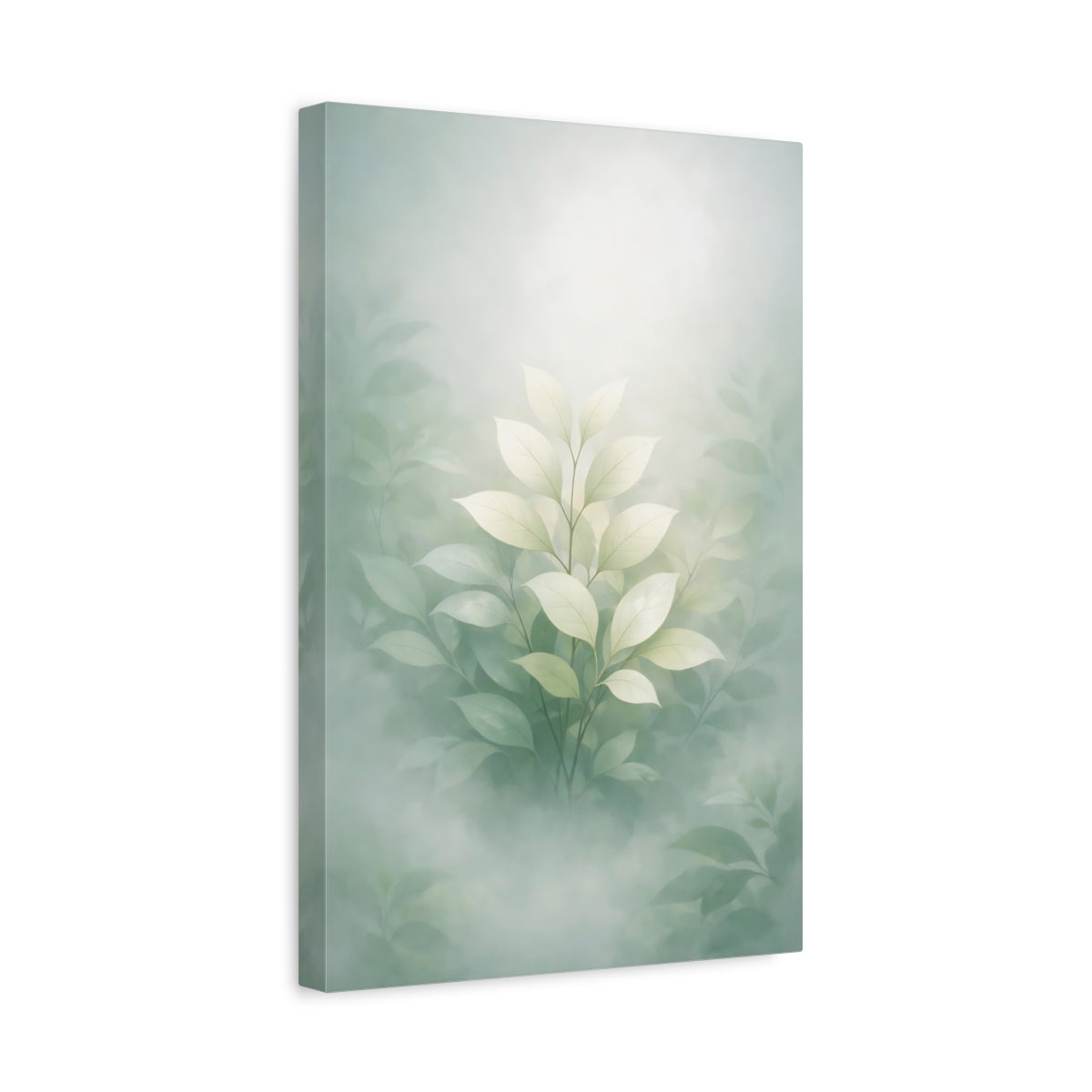 Side Mockup 4. Nature Green Leaves Misty Green Leaves shown as stretched canvas wall art