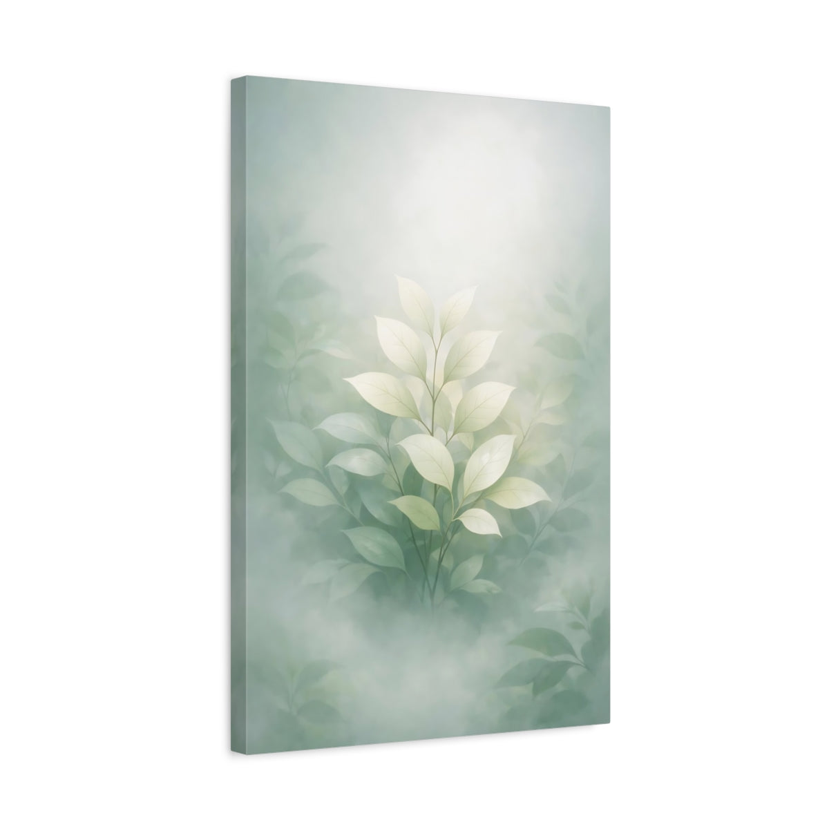 Side Mockup 3. Nature Green Leaves Misty Green Leaves shown as stretched canvas wall art