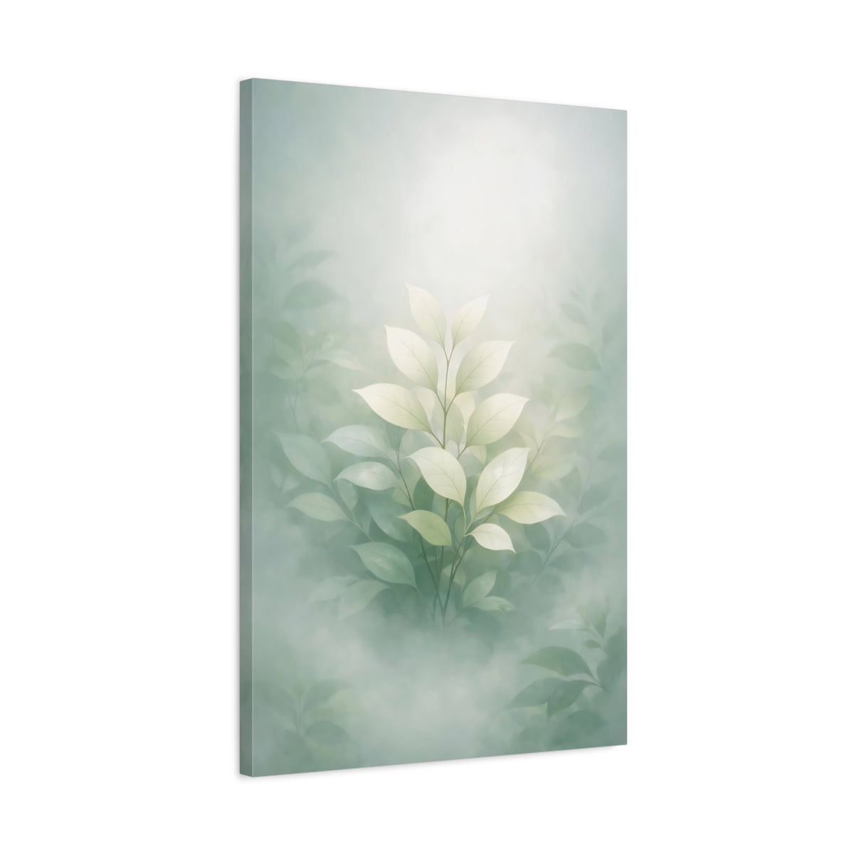 Side Mockup 2. Nature Green Leaves Misty Green Leaves shown as stretched canvas wall art