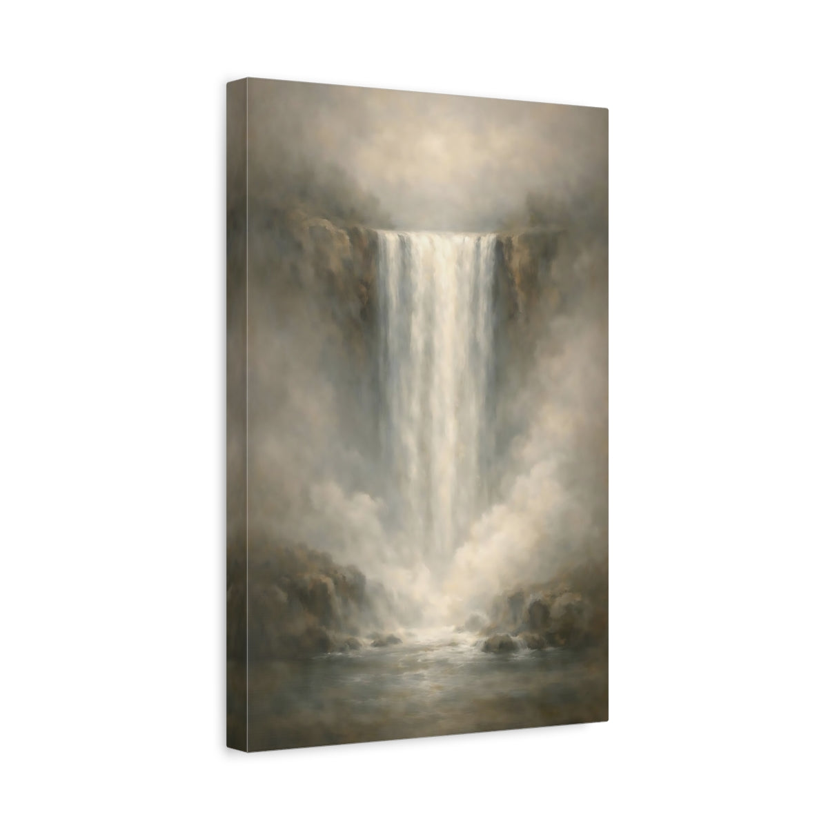Side Mockup 4. Nature Waterfall Muted Grey Waterfall shown as stretched canvas wall art