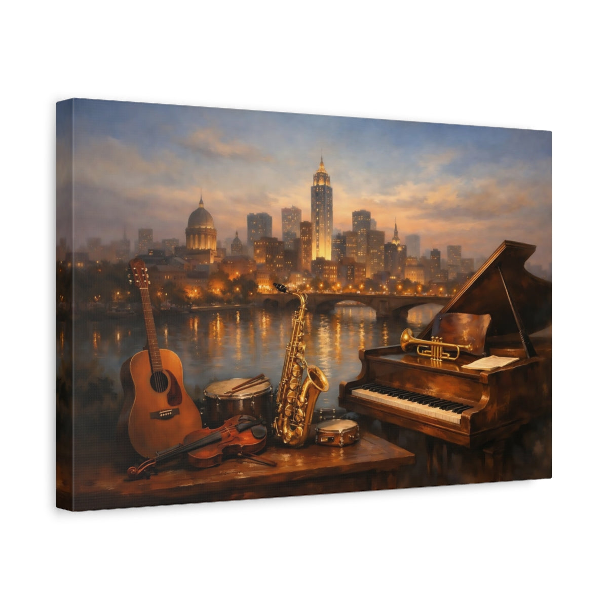 Side Mockup 4. Cityscape Instrument Collection Display Scene shown as stretched canvas wall art