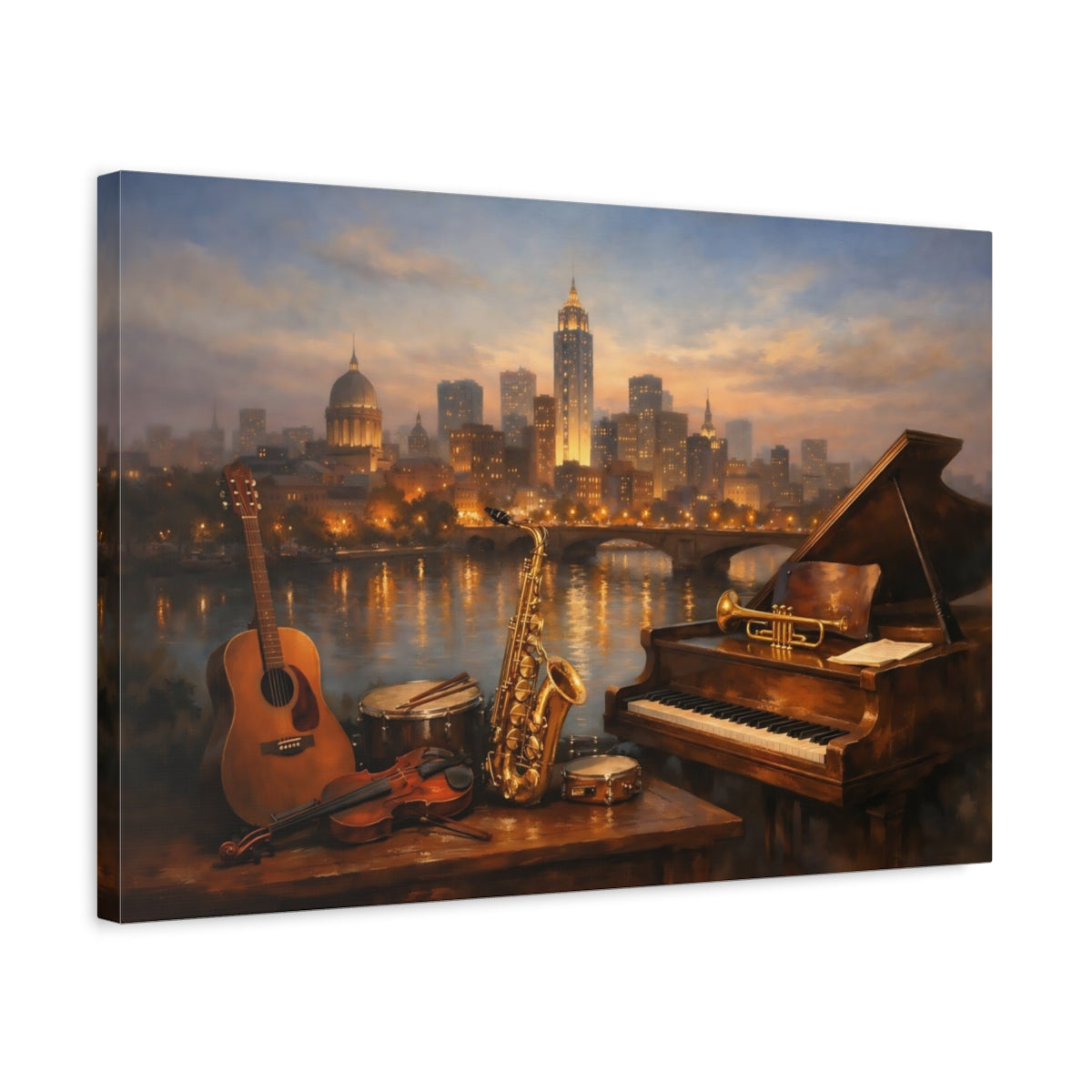 Side Mockup 3. Cityscape Instrument Collection Display Scene shown as stretched canvas wall art
