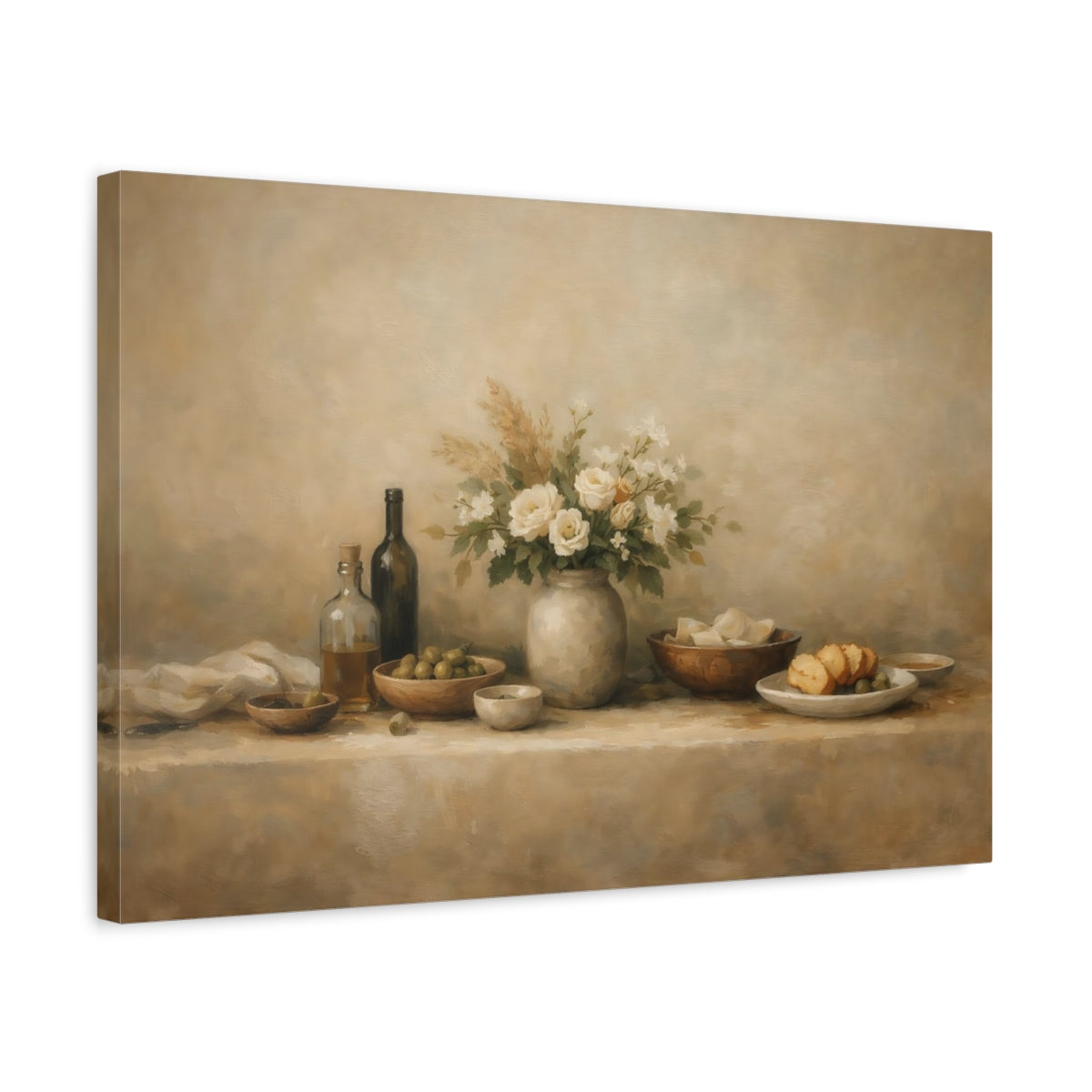 Side Mockup 3. Organic Abstract Restaurant Table Wide Setup shown as stretched canvas wall art
