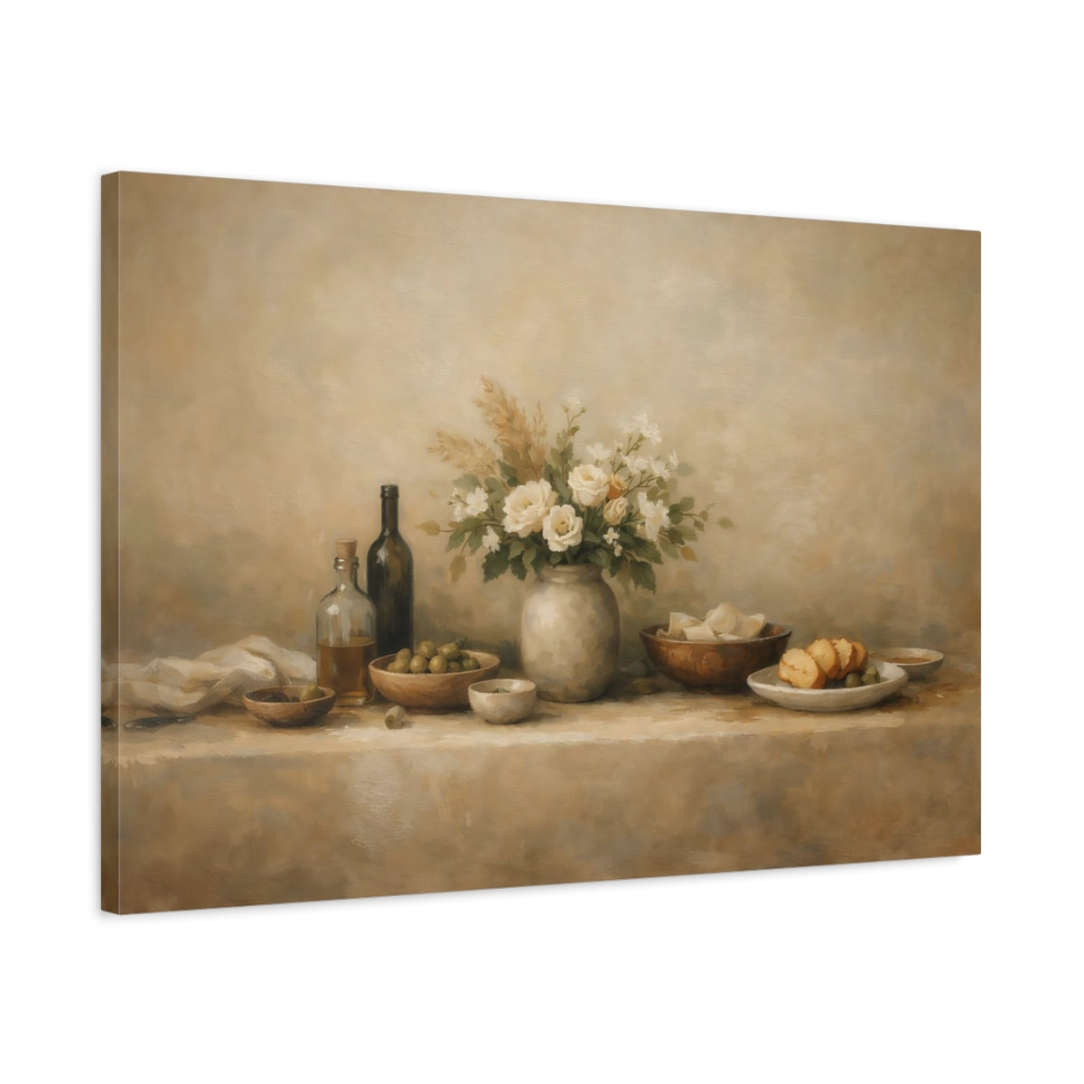 Side Mockup 2. Organic Abstract Restaurant Table Wide Setup shown as stretched canvas wall art