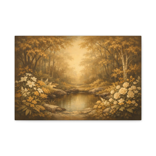 Floral Golden Forest Pond Nature - Canvas Wall Art Print