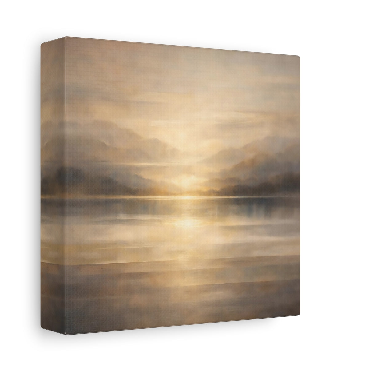 Side Mockup 1. Nature Lake Sunset Golden Landscape shown as stretched canvas wall art