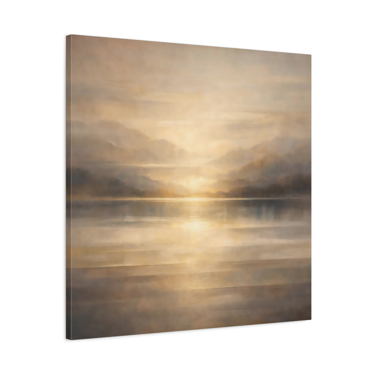 Side Mockup 3. Nature Lake Sunset Golden Landscape shown as stretched canvas wall art