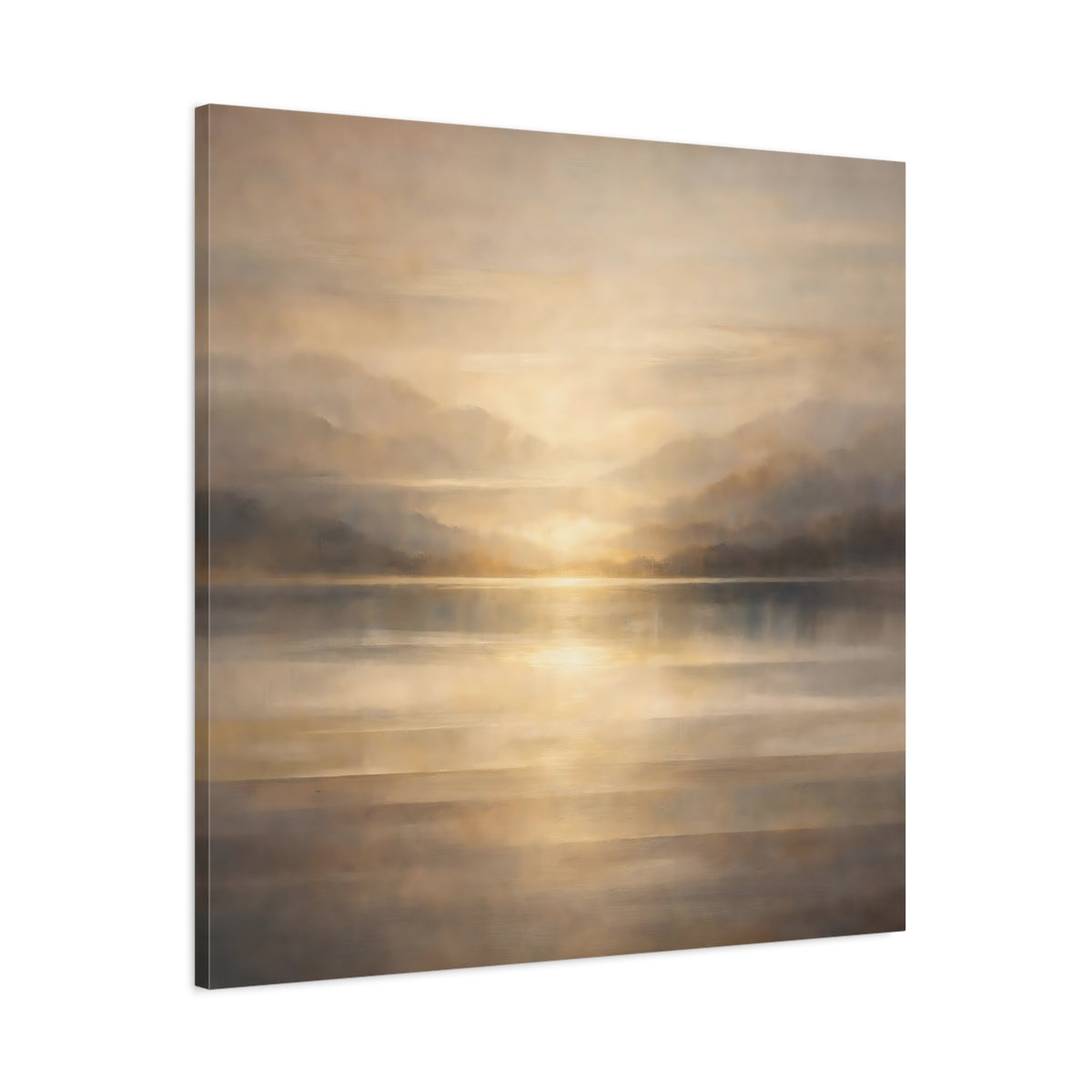 Side Mockup 2. Nature Lake Sunset Golden Landscape shown as stretched canvas wall art