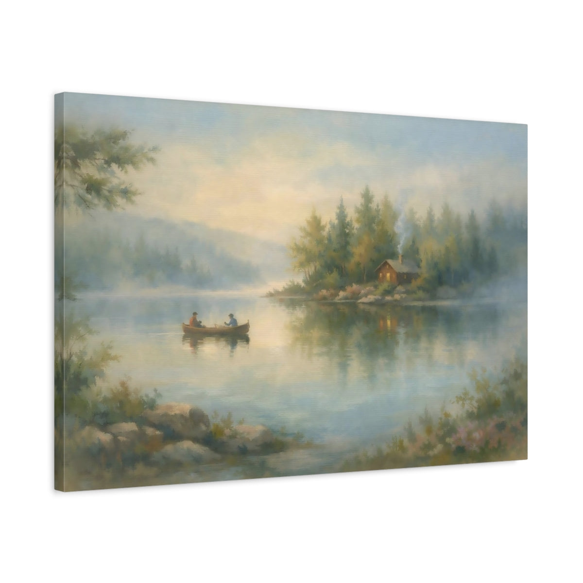 Nature Lake Cabin Misty - Canvas Wall Art Print