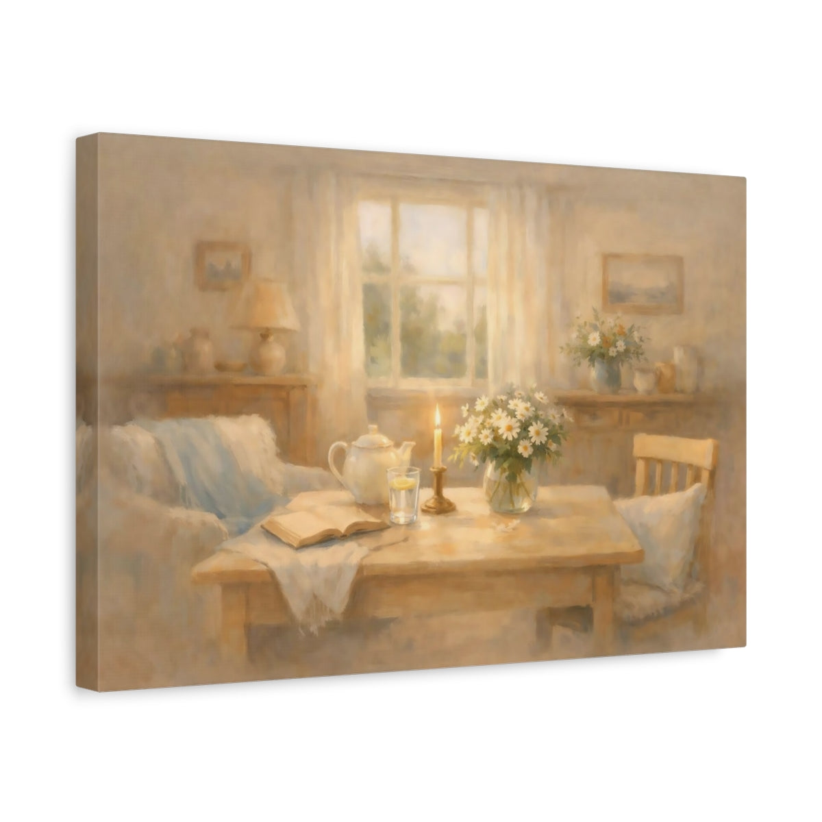 Floral Daisies Warm Beige - Canvas Wall Art Print