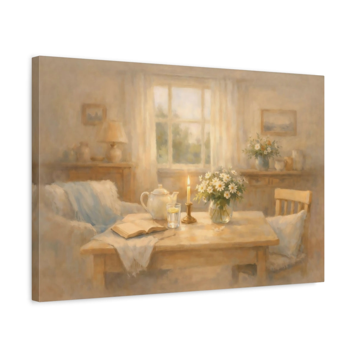 Floral Daisies Warm Beige - Canvas Wall Art Print