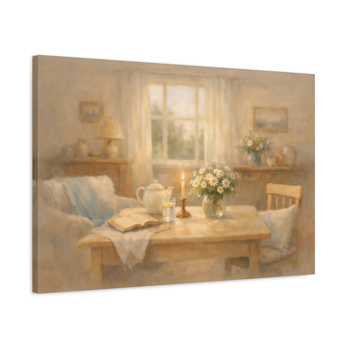Floral Daisies Warm Beige - Canvas Wall Art Print