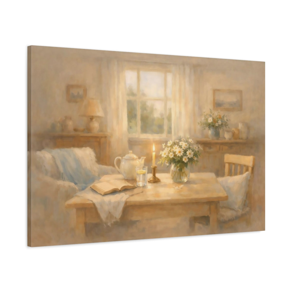 Floral Daisies Warm Beige - Canvas Wall Art Print