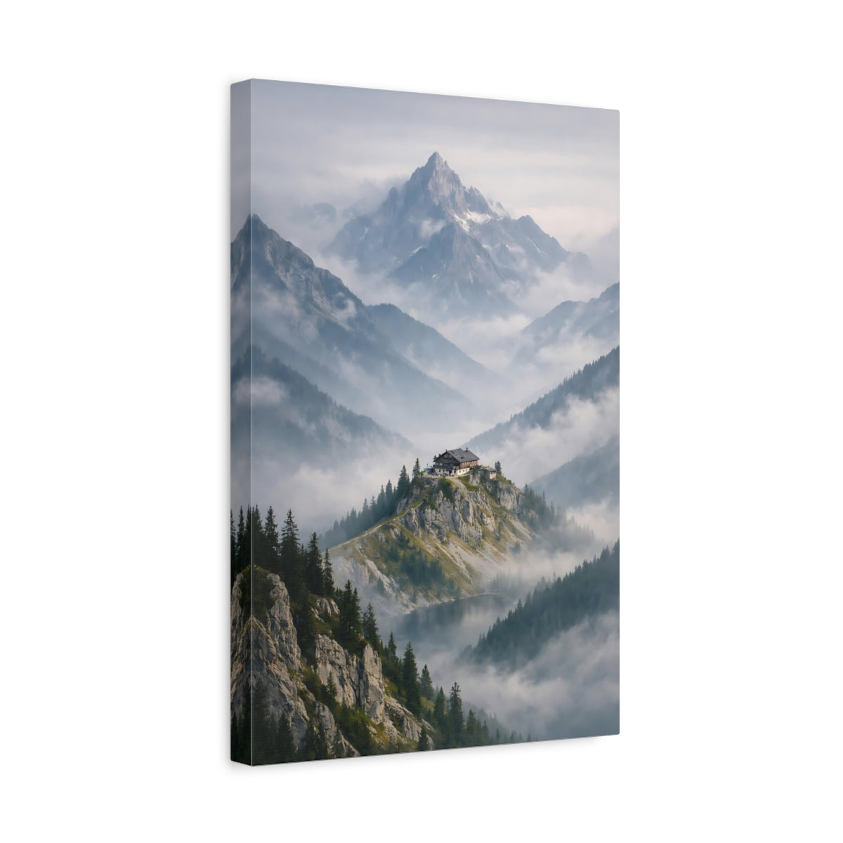 Nature Mountain Lodge Misty Refuge - Canvas Wall Art Print