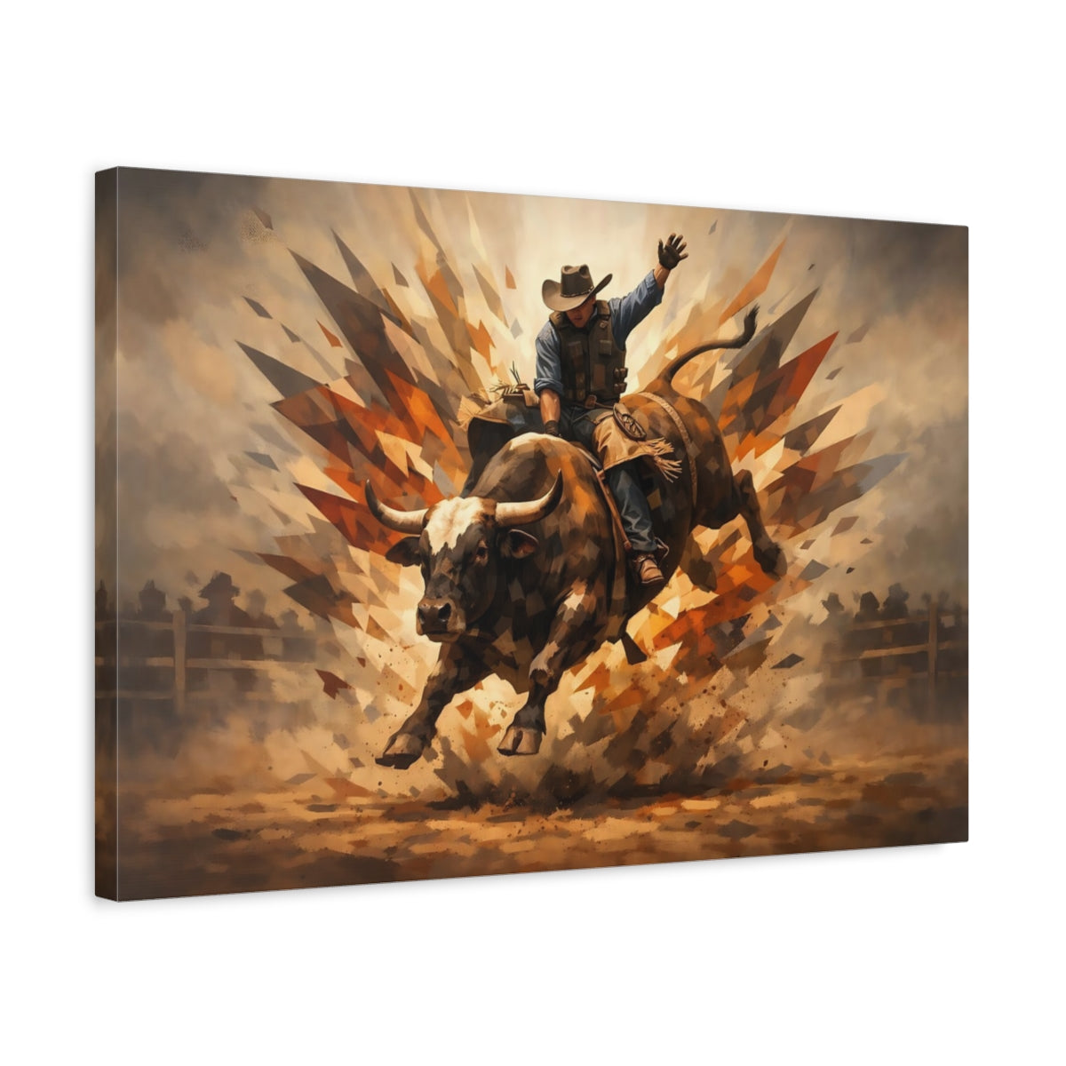 Sports Bull Riding Brown And Orange - Canvas Wall Art Print