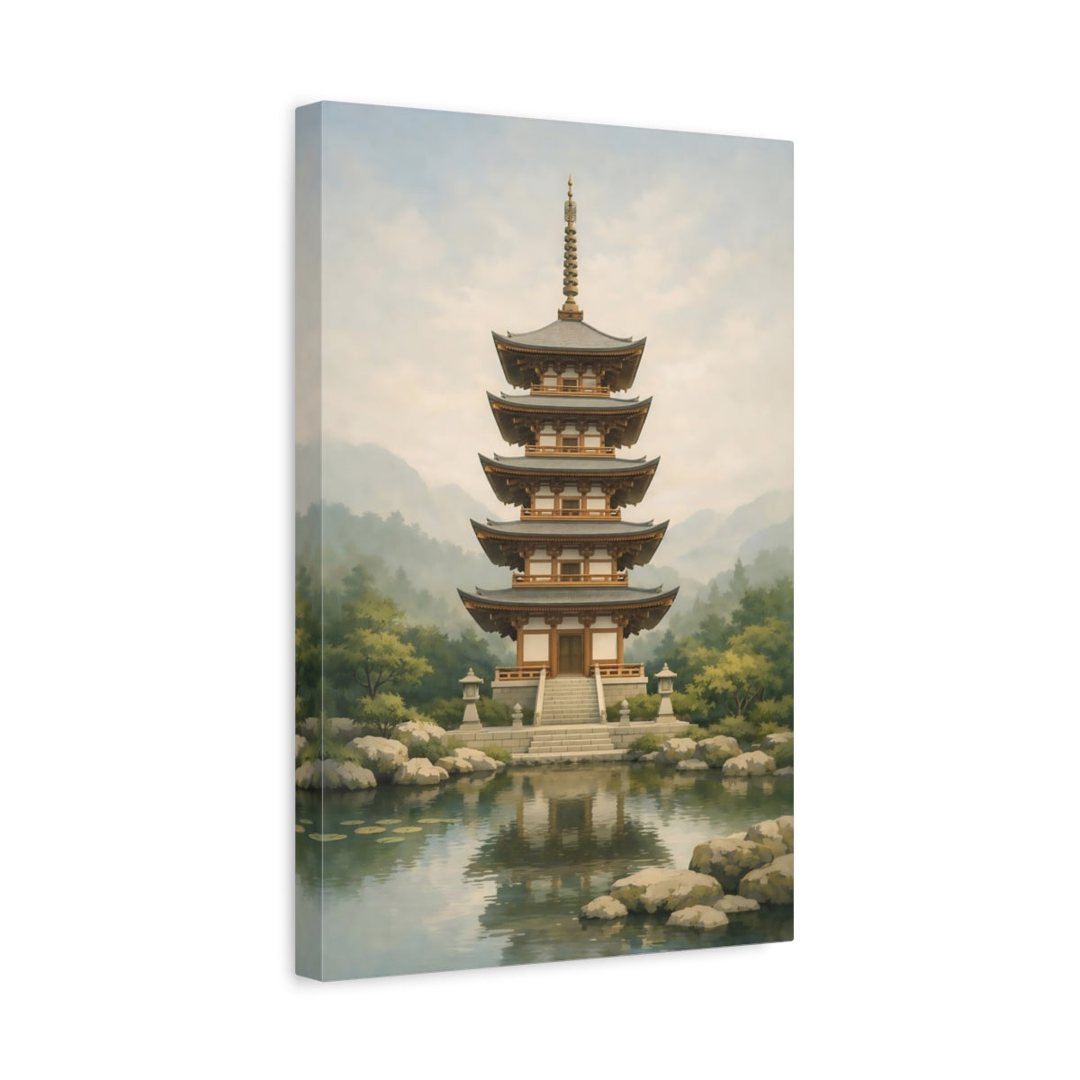 Side Mockup 4. Religious Japanese Pagoda Japanese Pagoda Lake shown as stretched canvas wall art