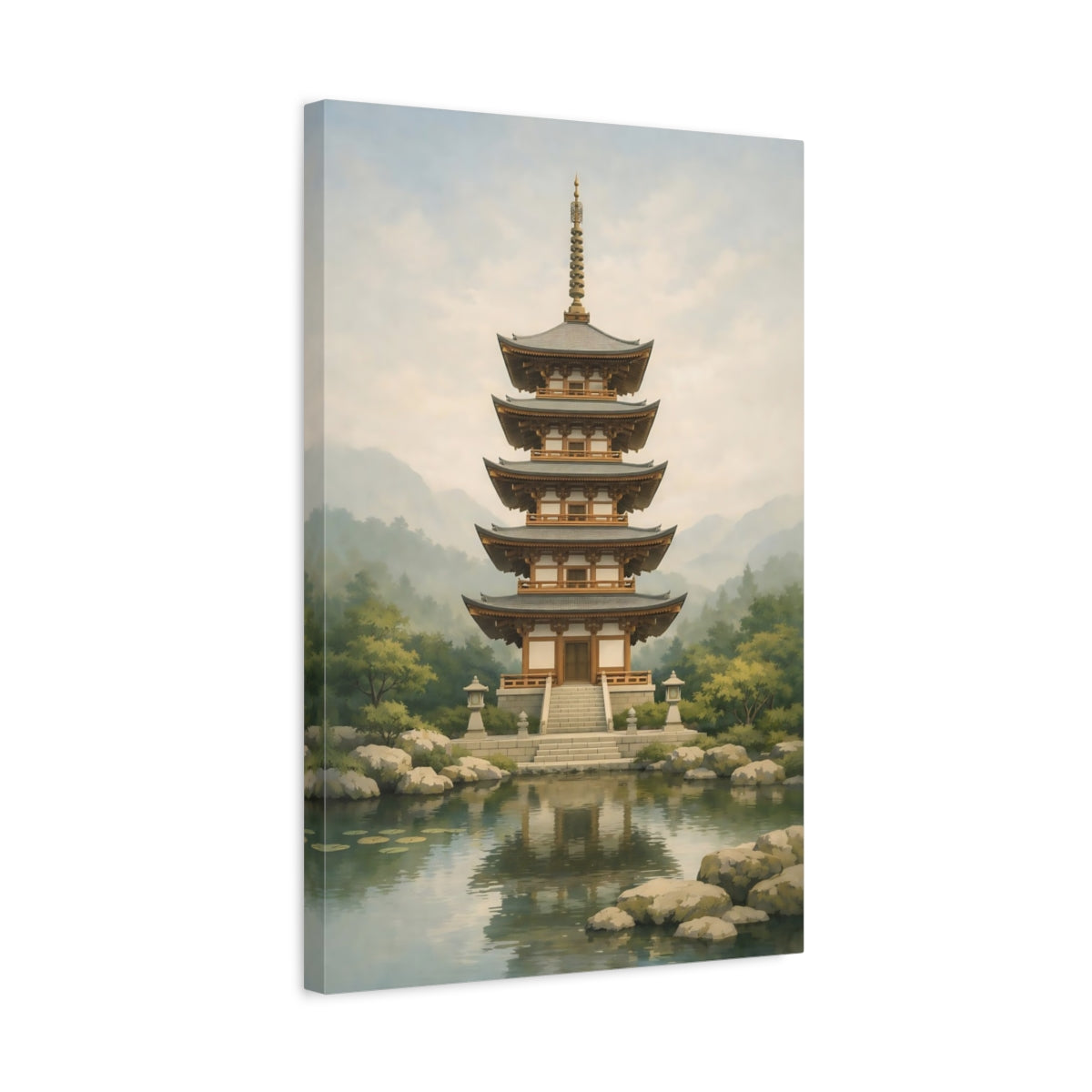 Side Mockup 3. Religious Japanese Pagoda Japanese Pagoda Lake shown as stretched canvas wall art