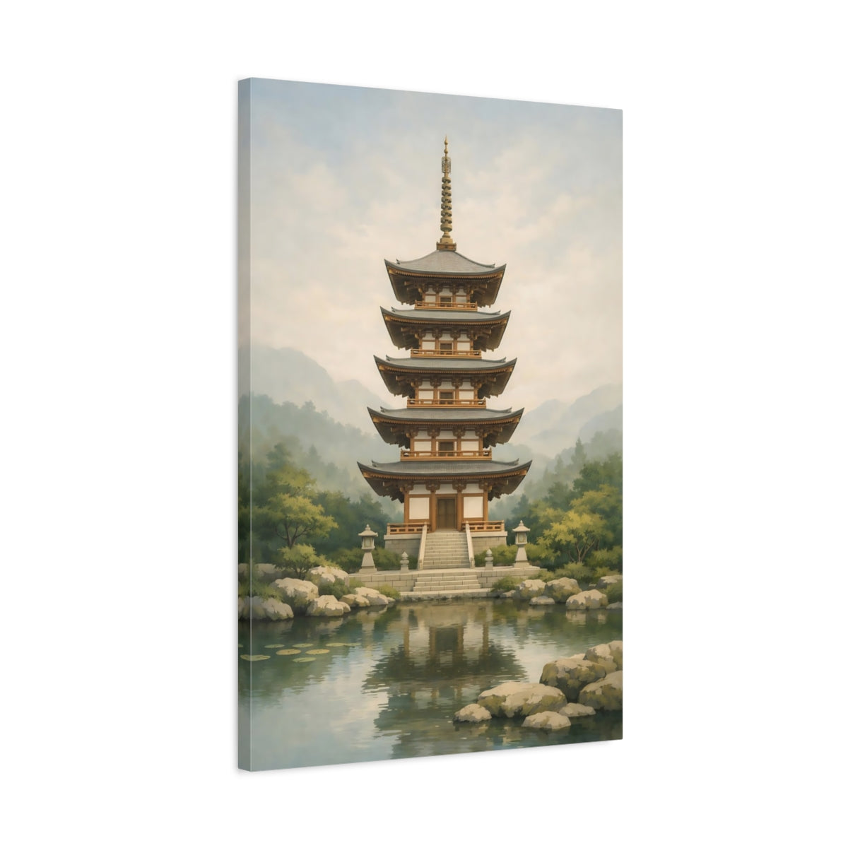 Side Mockup 2. Religious Japanese Pagoda Japanese Pagoda Lake shown as stretched canvas wall art