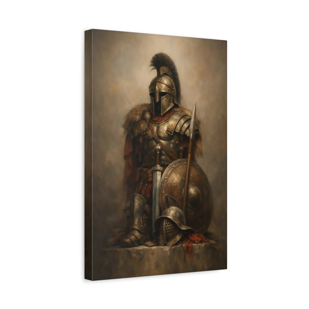 Side Mockup 4. Vintage Armored Warrior Bronze Warrior shown as stretched canvas wall art
