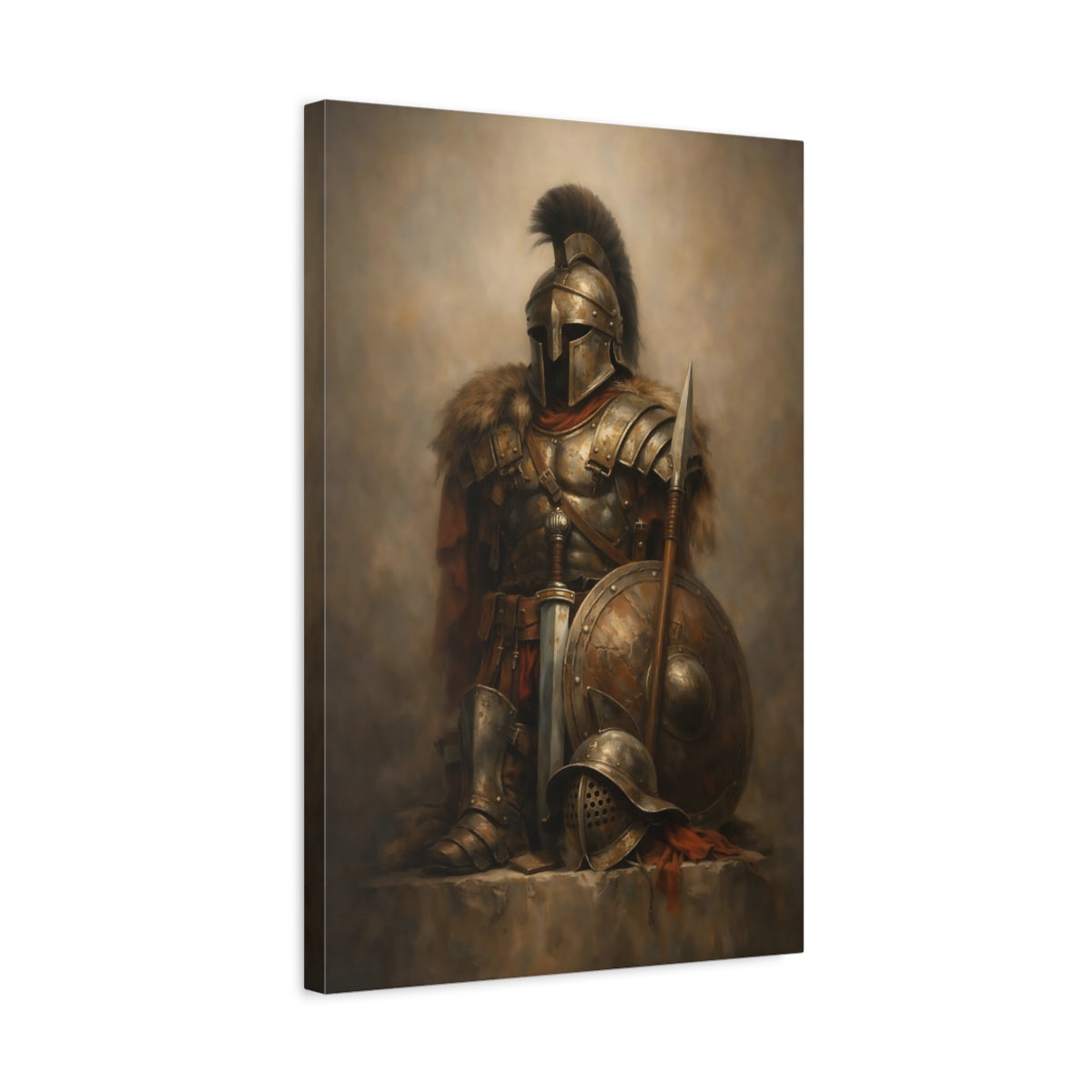 Side Mockup 3. Vintage Armored Warrior Bronze Warrior shown as stretched canvas wall art