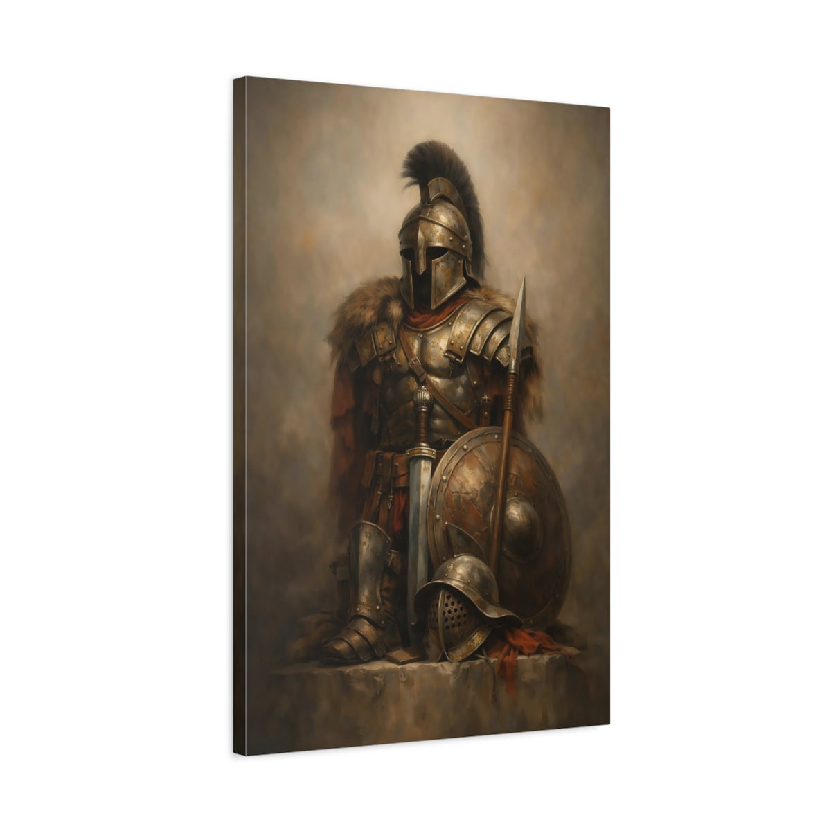 Side Mockup 2. Vintage Armored Warrior Bronze Warrior shown as stretched canvas wall art