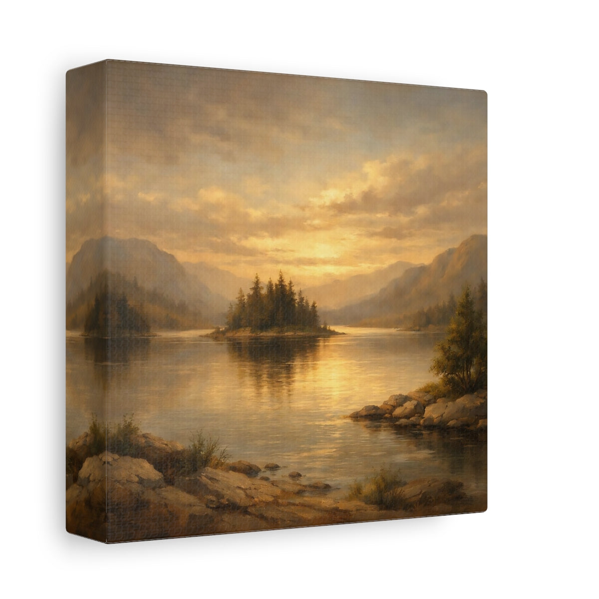 Side Mockup 1. Nature Lake Island Golden Mountain Lake shown as stretched canvas wall art