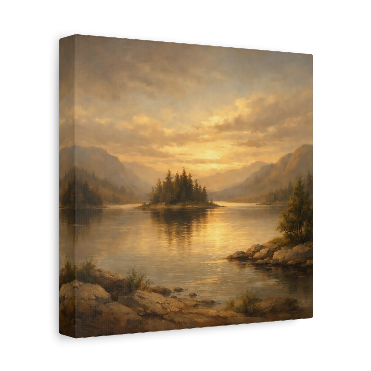 Side Mockup 9. Nature Lake Island Golden Mountain Lake shown as stretched canvas wall art